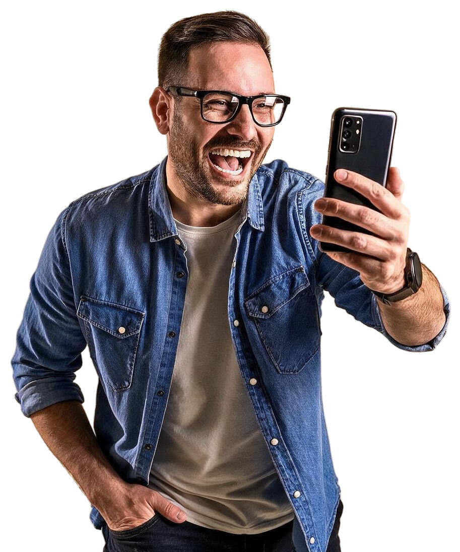Cliente feliz usando o celular com a internet LC Virtual Net